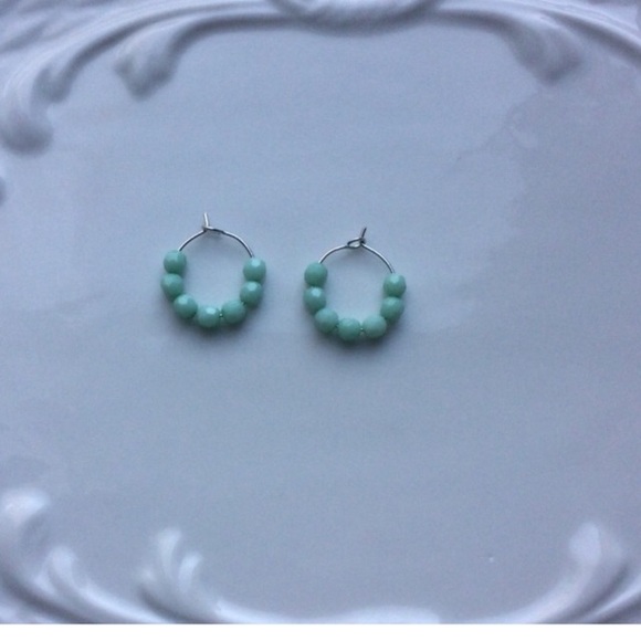 Tiny Silver Hoops With Pale Aqua Faceted Beads - Picture 1 of 3